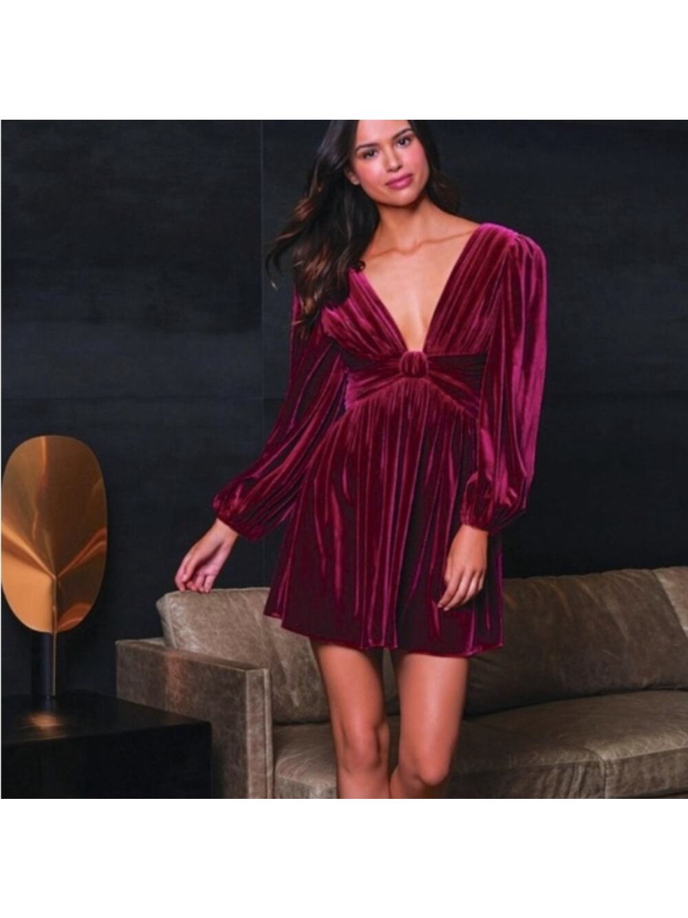 Gianni Bini Mariah Plunge Velvet Sleeve Whimsigoth Romantasy Dress Wine Sz 6 NWT